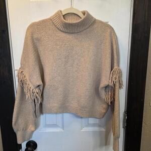 Happily Grey Women's Tan Turtleneck Cropped Sweater w/ Fringe Detail- size Large